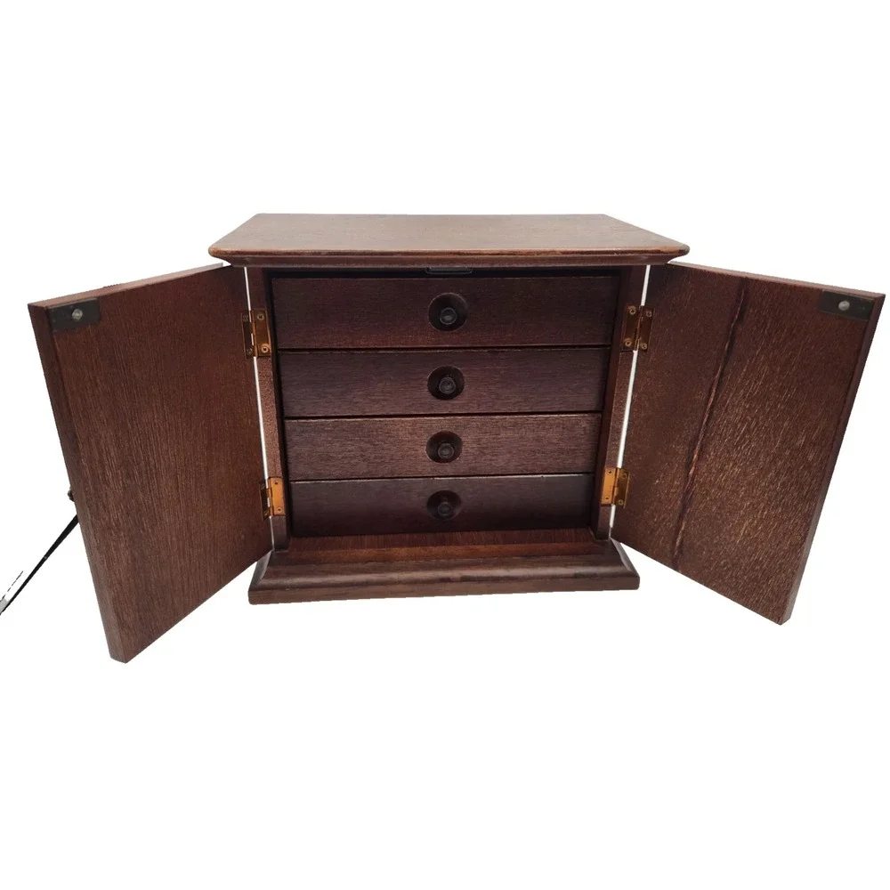Vintage Wooden Jewelry Box Cabinet Velvet Lined Drawers Inlaid Doors Japan